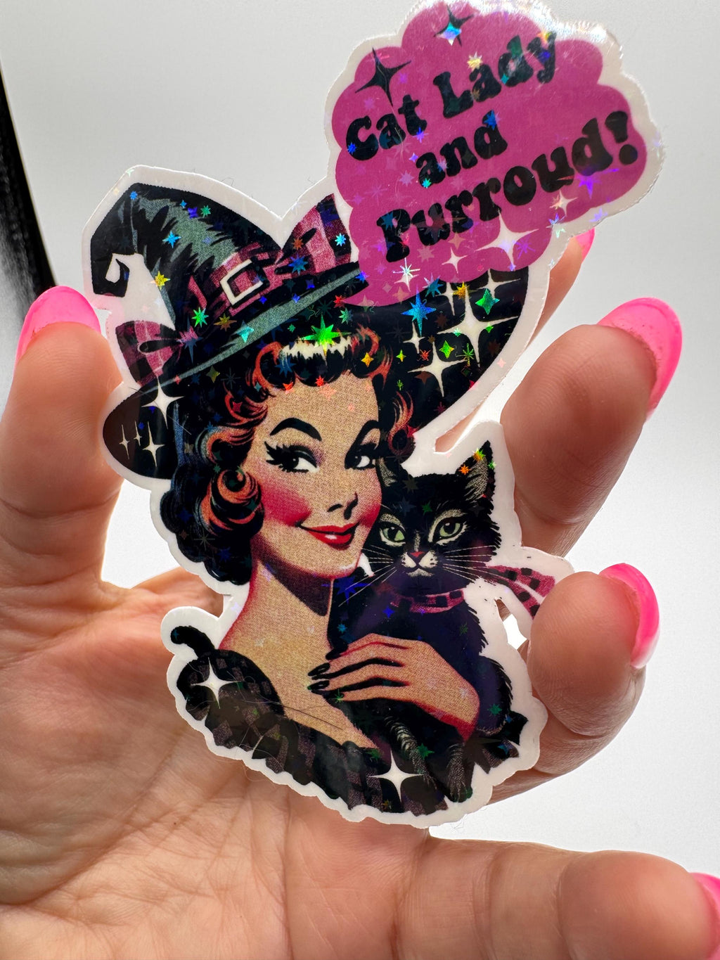 Vintage Witch Cat Holographic Sticker